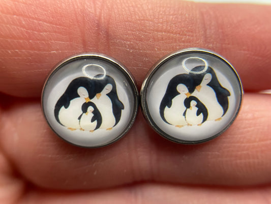 Penguin Family Stud Earrings-Stainless Steel+Nickel Free