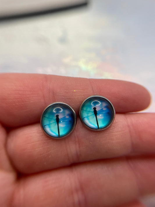 Blue Dragonfly Stud Earrings-Stainless Steel+Nickel Free
