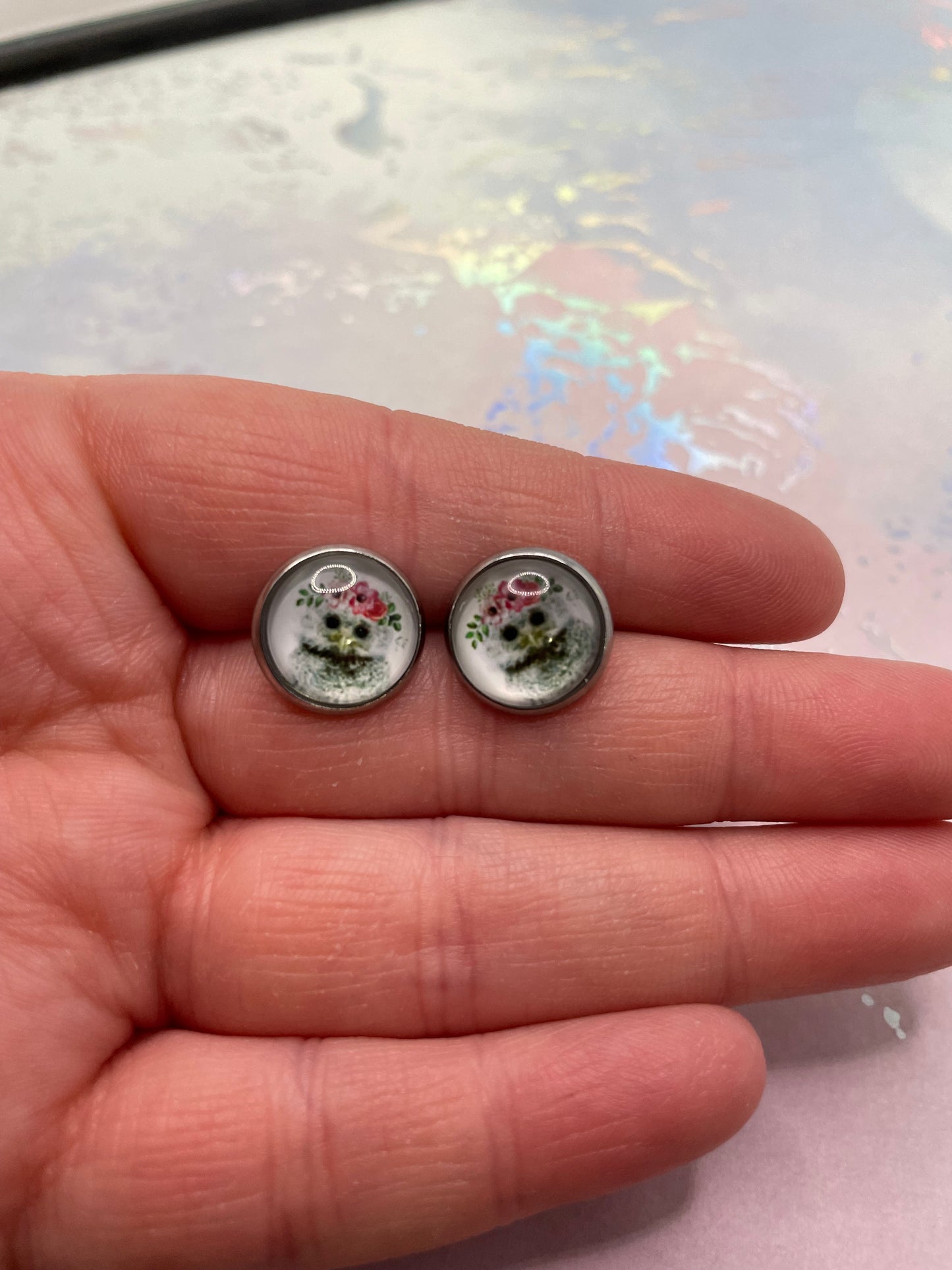 Floral Owl Stud Earrings-Stainless Steel+ Nickel Free