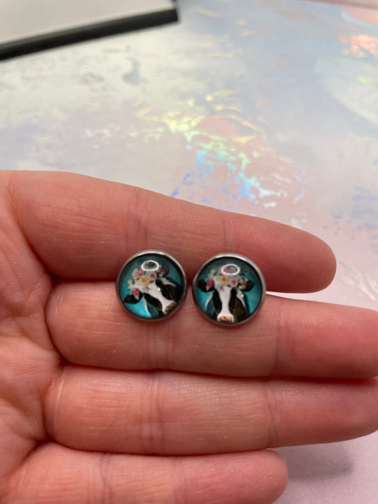 Floral Cow Stud Earrings-Stainless Steel+Nickel Free