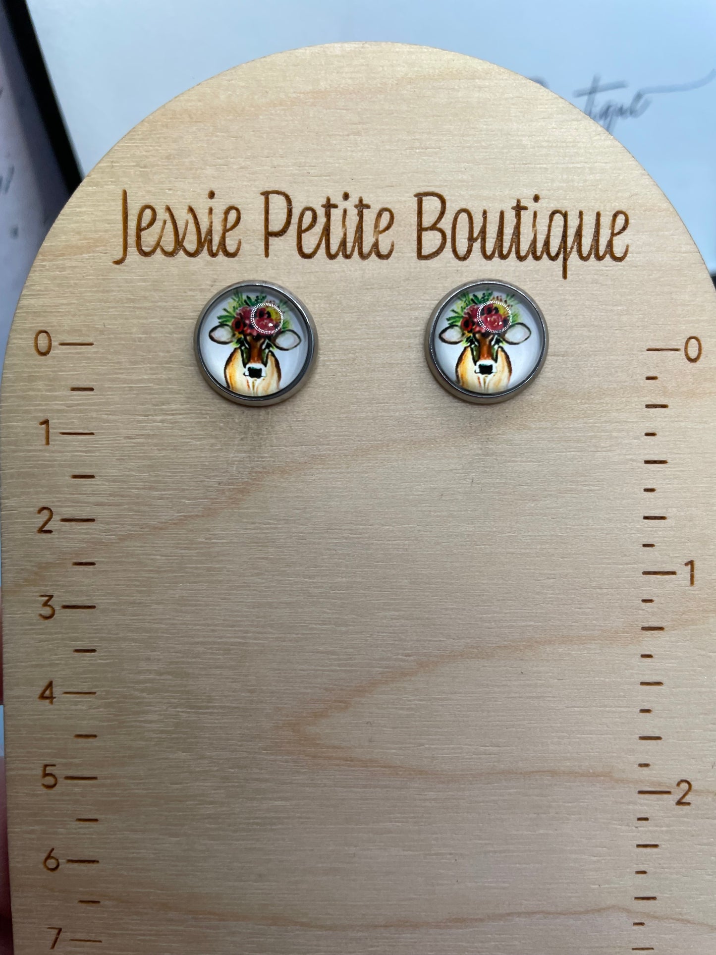 Floral Cow Glass Cabochon Earrings-Stainless Steel+Nickel Free