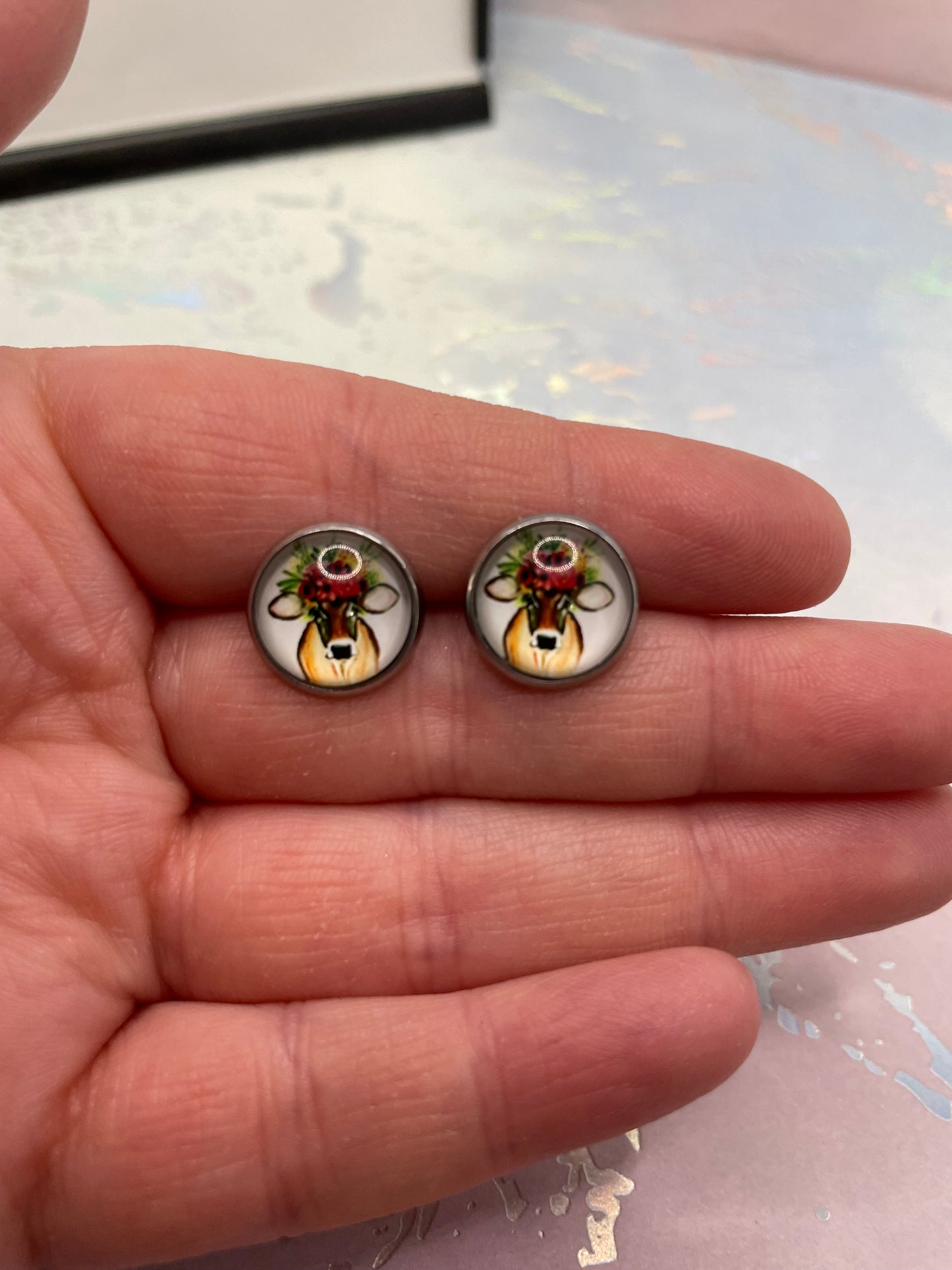 Floral Cow Glass Cabochon Earrings-Stainless Steel+Nickel Free
