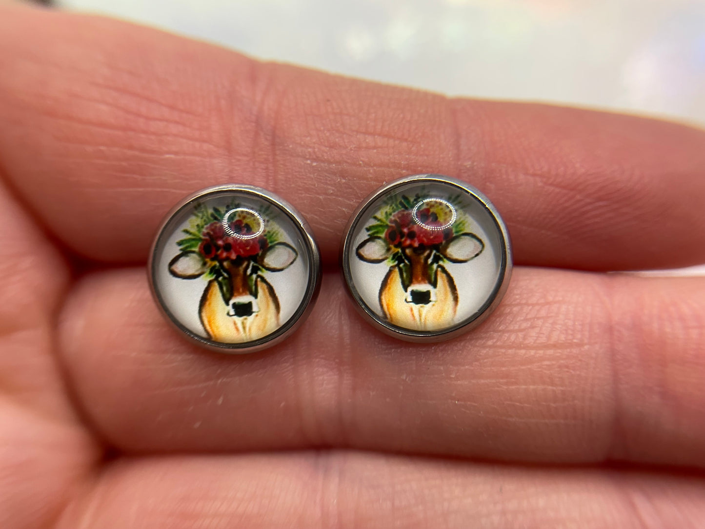 Floral Cow Glass Cabochon Earrings-Stainless Steel+Nickel Free