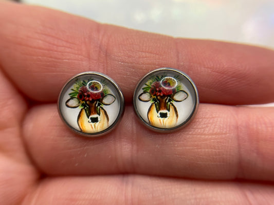 Floral Cow Glass Cabochon Earrings-Stainless Steel+Nickel Free