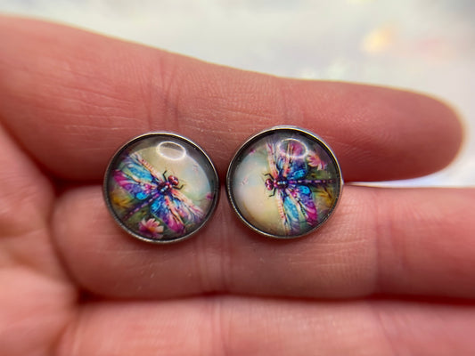 Colourful Dragonfly Stud Earrings-Stainless Steel+Nickel Free