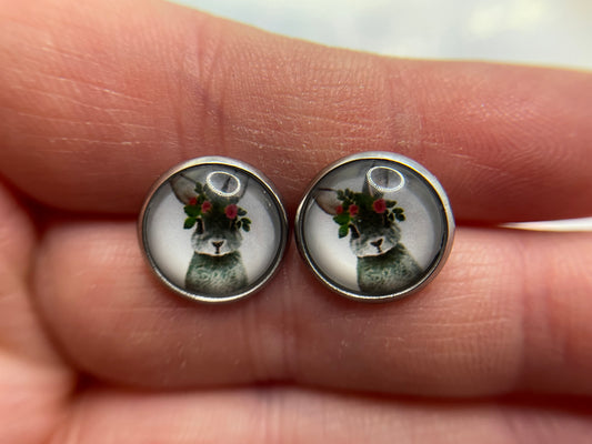 Floral Rabbit Cabochon Earrings-Stainless Steel+Nickel-Free