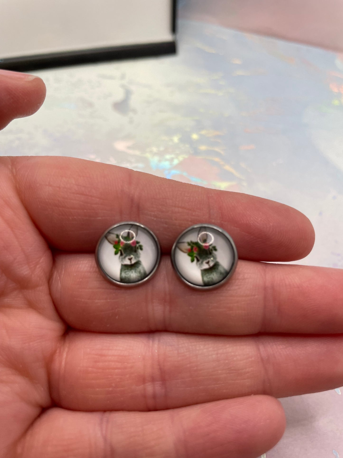 Floral Rabbit Cabochon Earrings-Stainless Steel+Nickel-Free