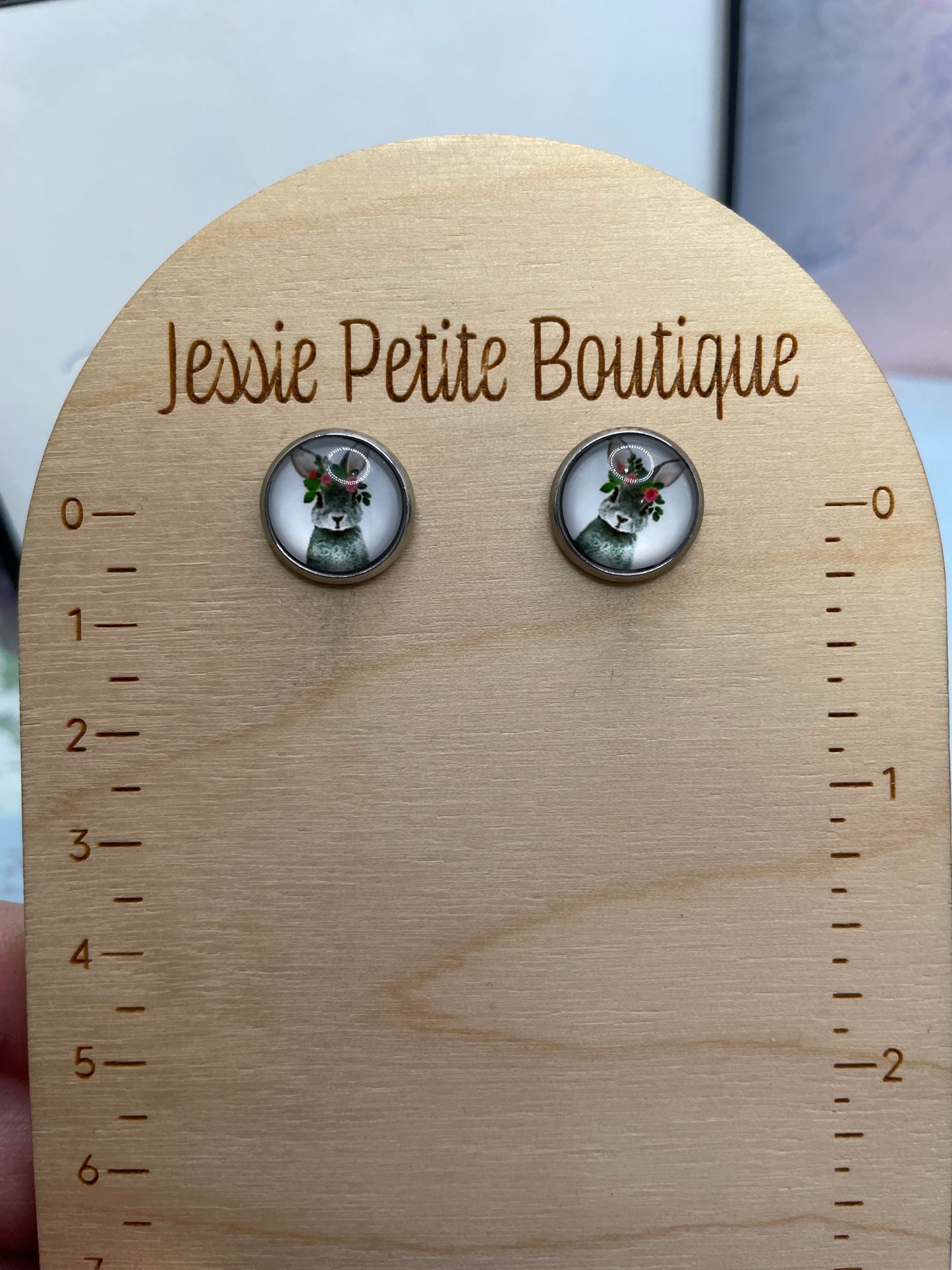 Floral Rabbit Cabochon Earrings-Stainless Steel+Nickel-Free