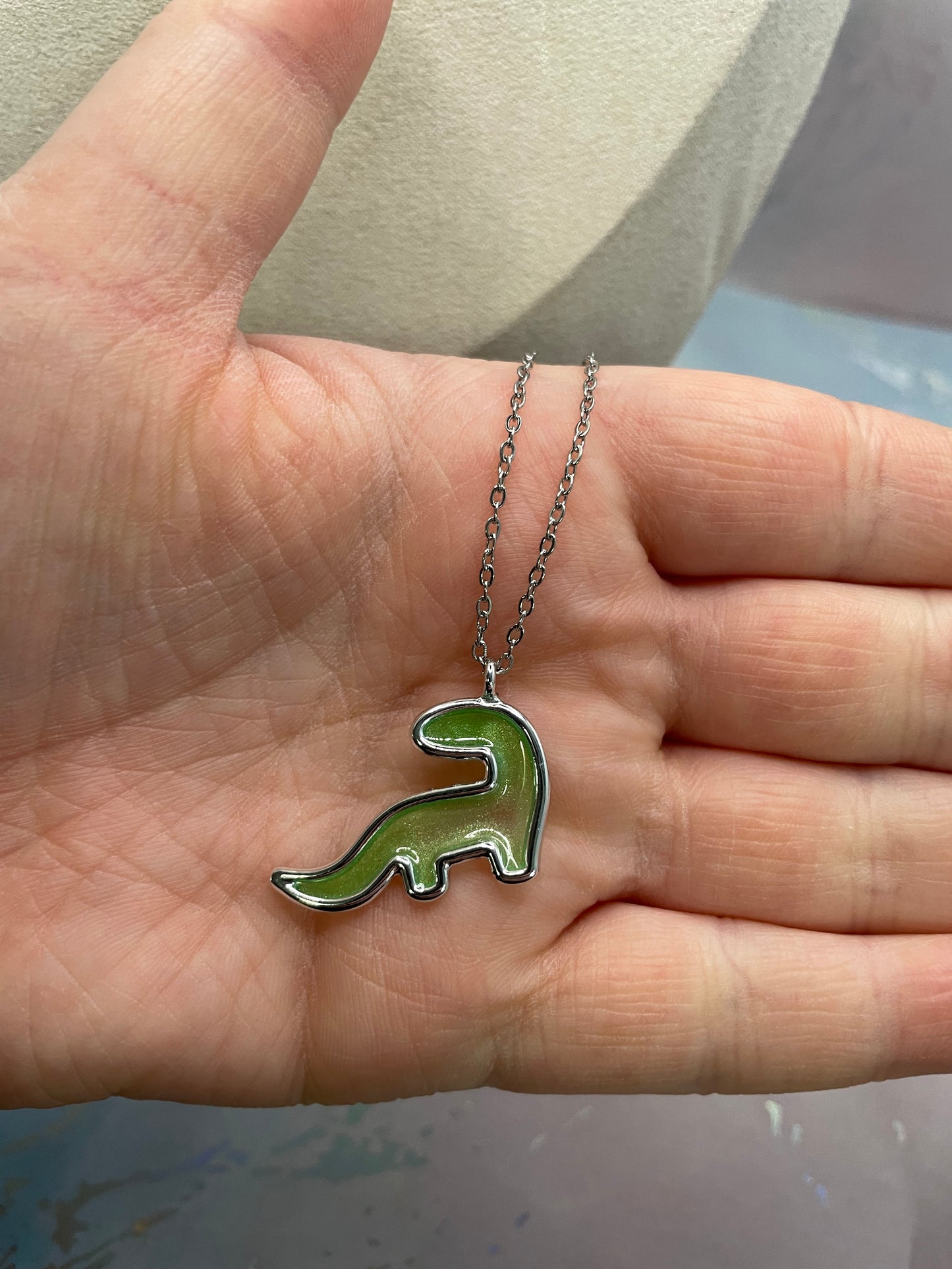 Collier dinosaure vert argenté |20'' Sans Nickel+Acier Inoxydable