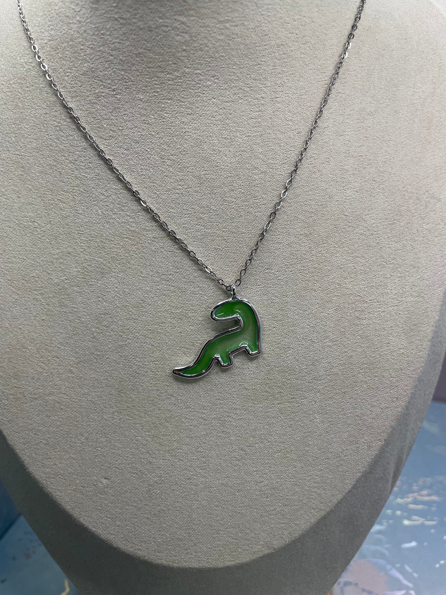 Collier dinosaure vert argenté |20'' Sans Nickel+Acier Inoxydable