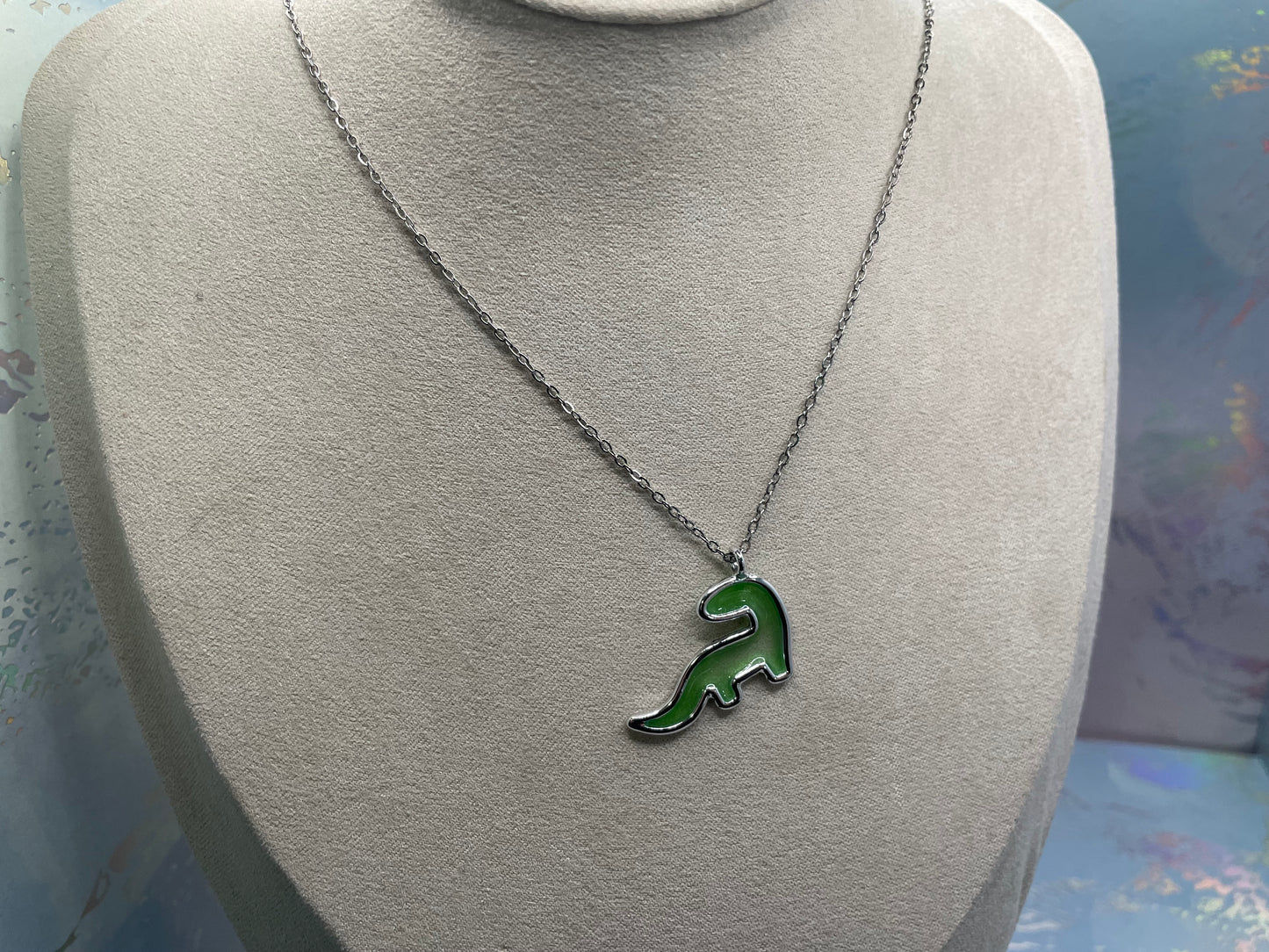 Collier dinosaure vert argenté |20'' Sans Nickel+Acier Inoxydable