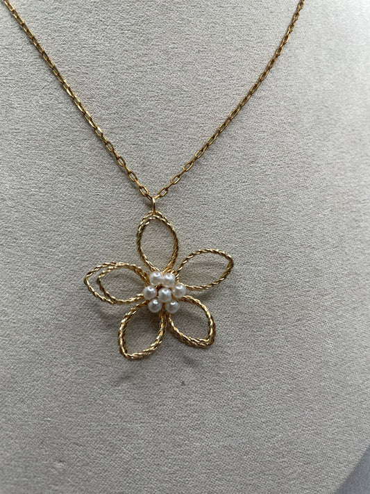 Gold Flower Necklace with Pearl Center-20'' Nickel Free