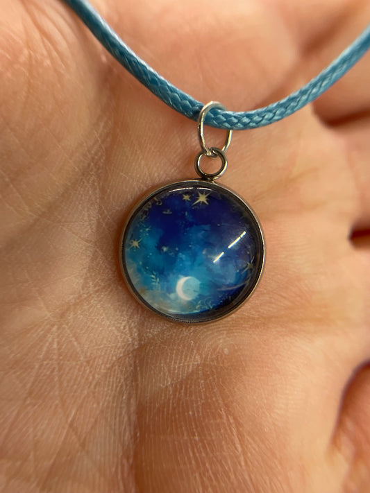 Collier Cabochon Nuit de Reve-Corde Bleu