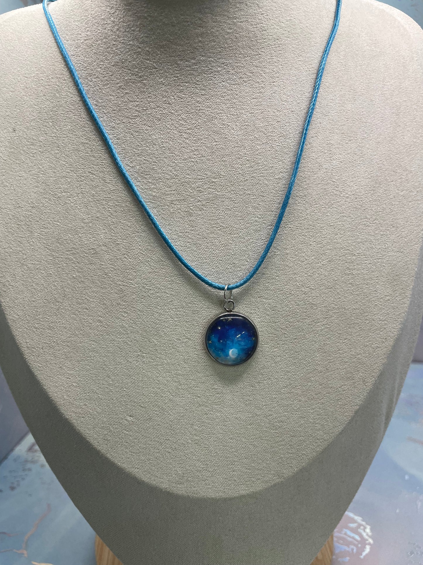 Dreamy night cabochon Necklace-Blue Cord