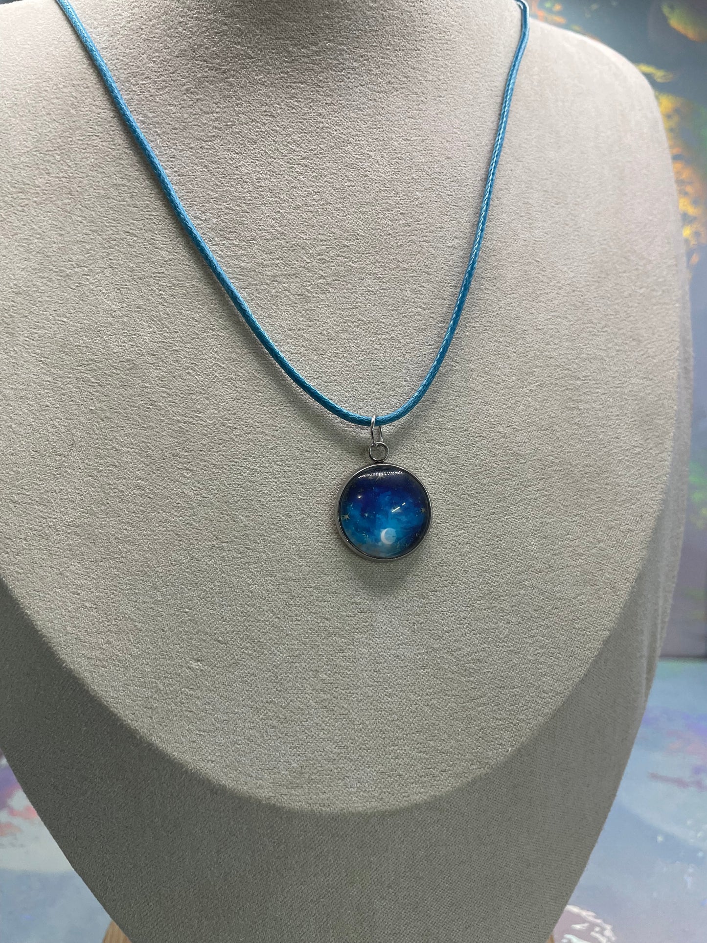 Dreamy night cabochon Necklace-Blue Cord