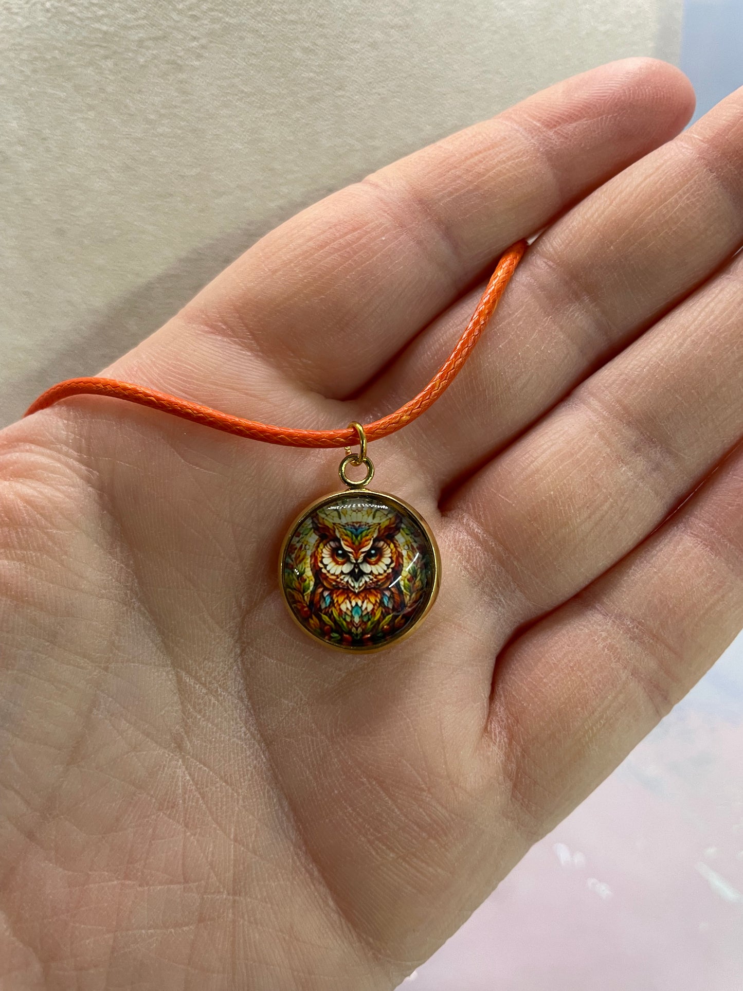 Collier Cabochon Hibou-Corde Orange
