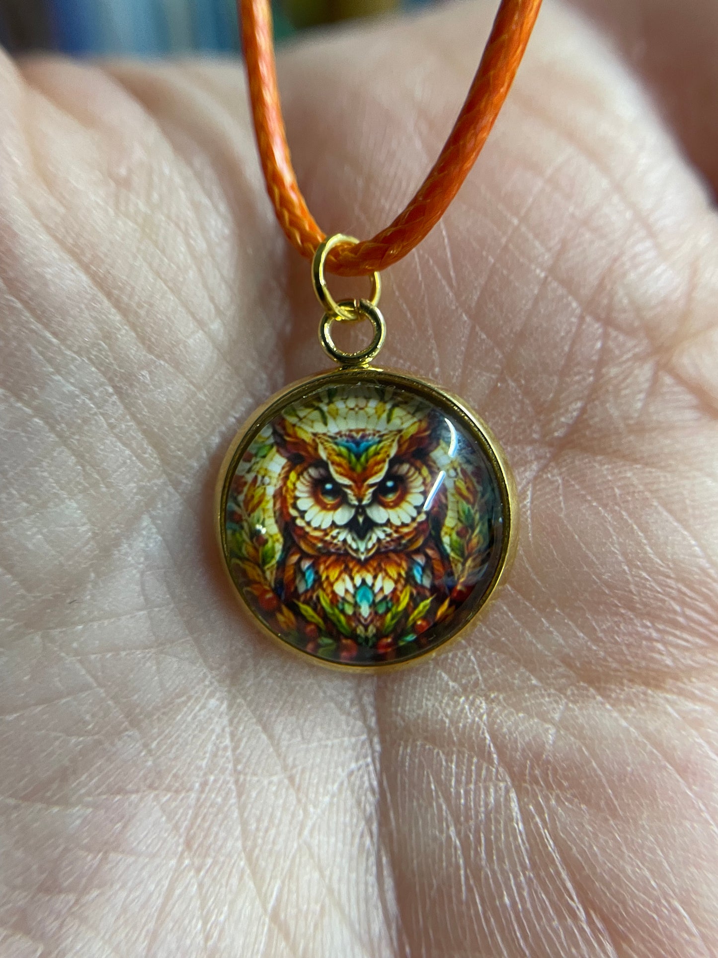 Collier Cabochon Hibou-Corde Orange