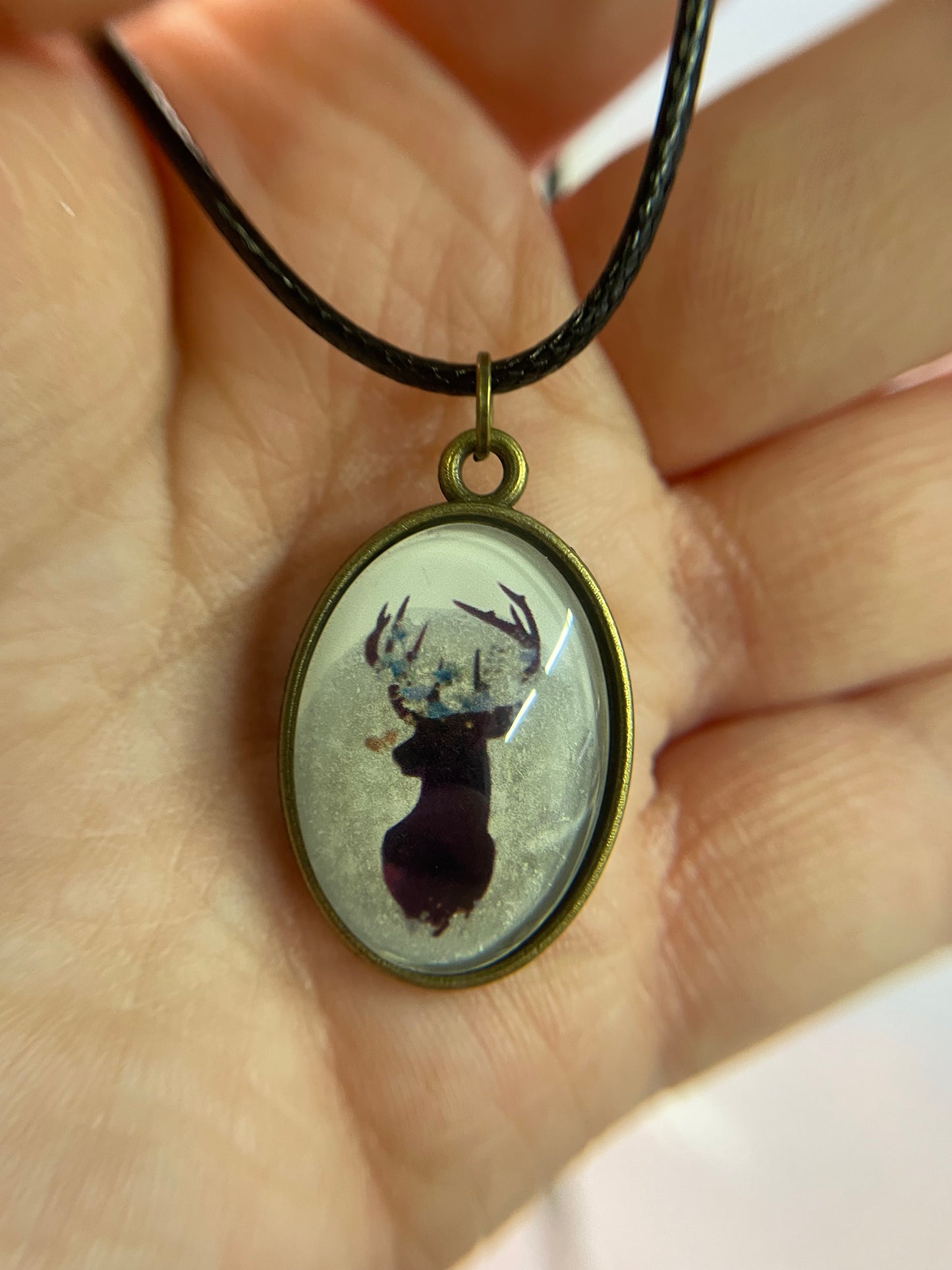 Deer Silhouette Cabochon Necklace-black cord
