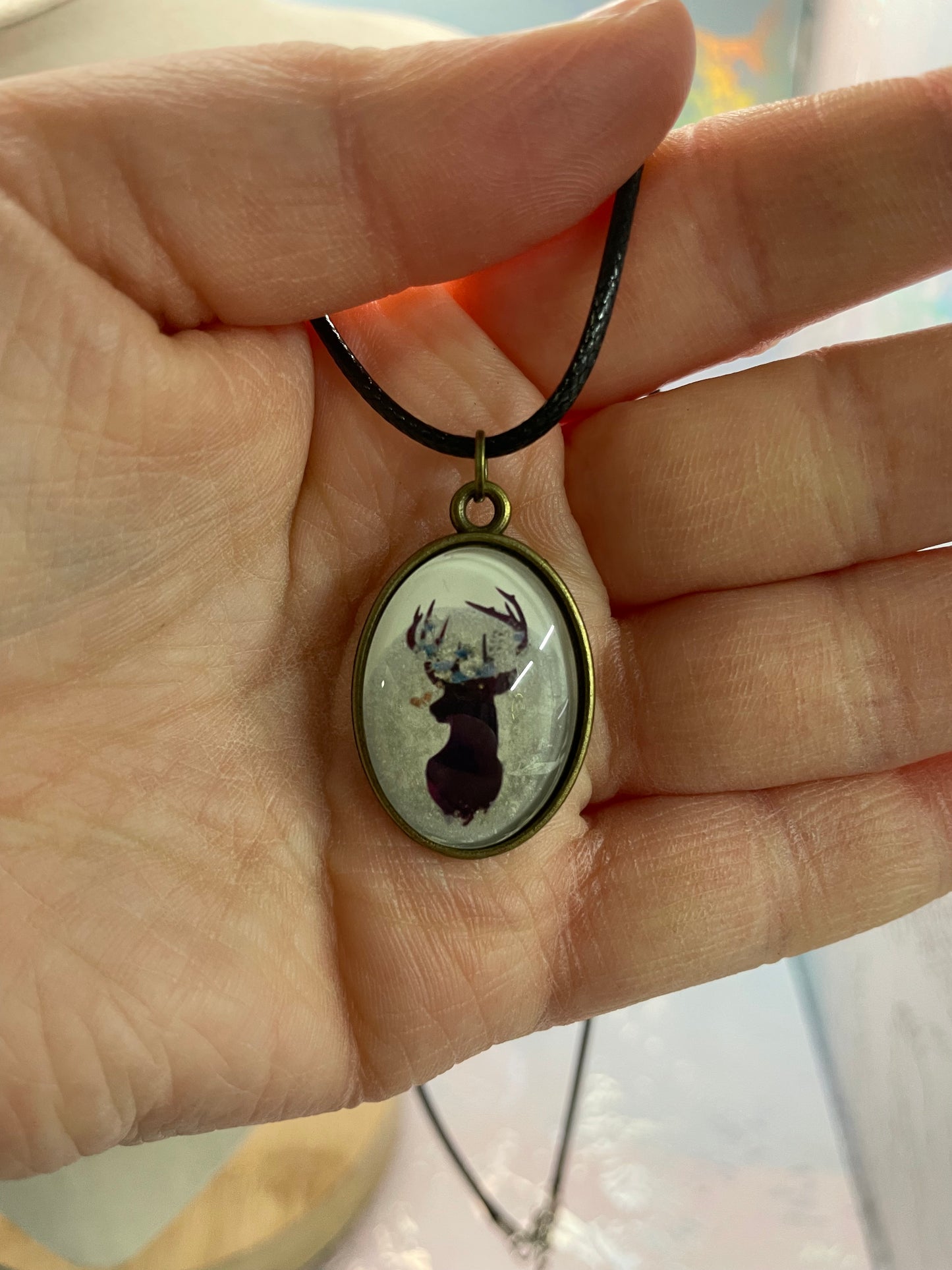 Deer Silhouette Cabochon Necklace-black cord