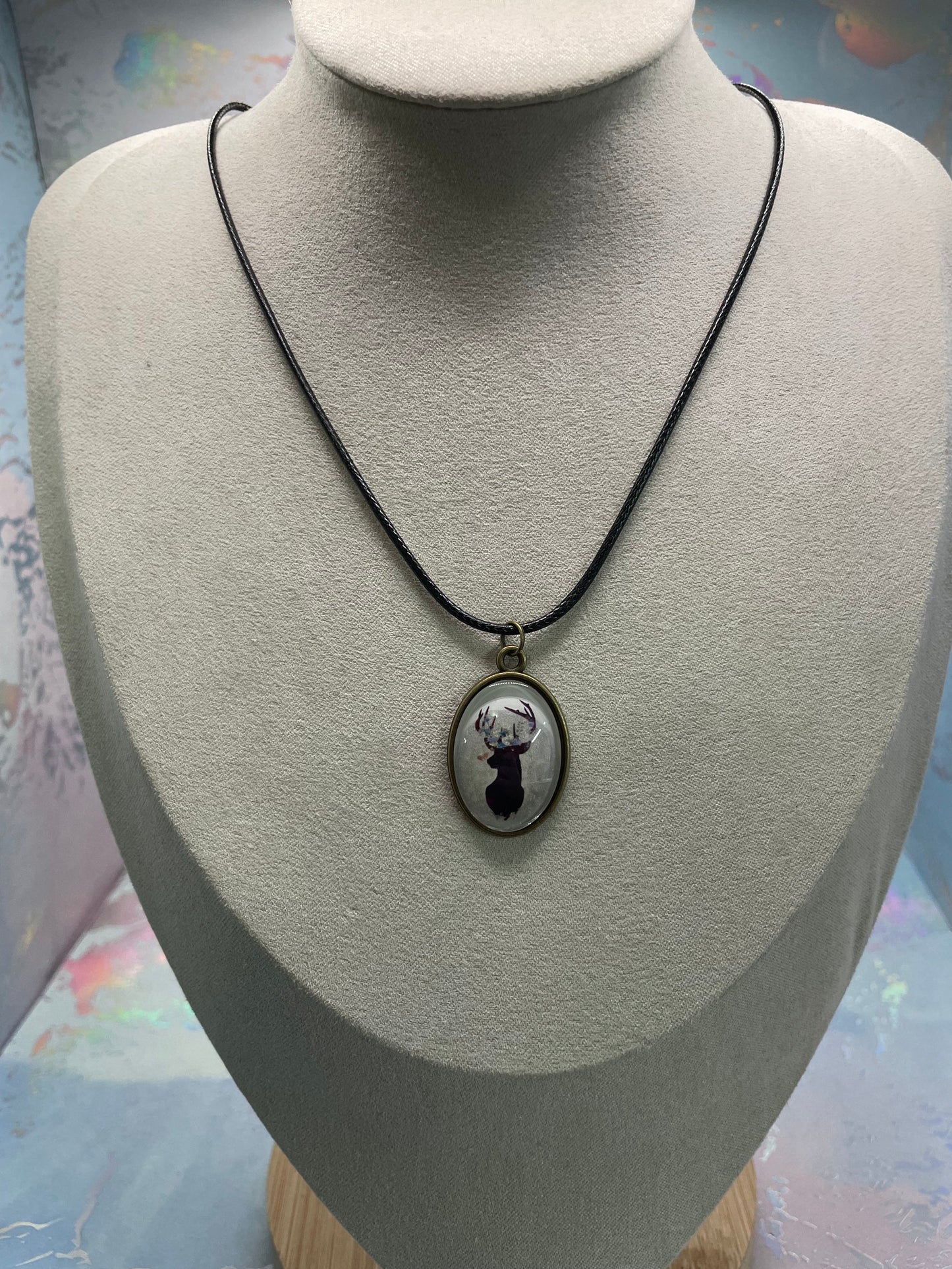 Deer Silhouette Cabochon Necklace-black cord