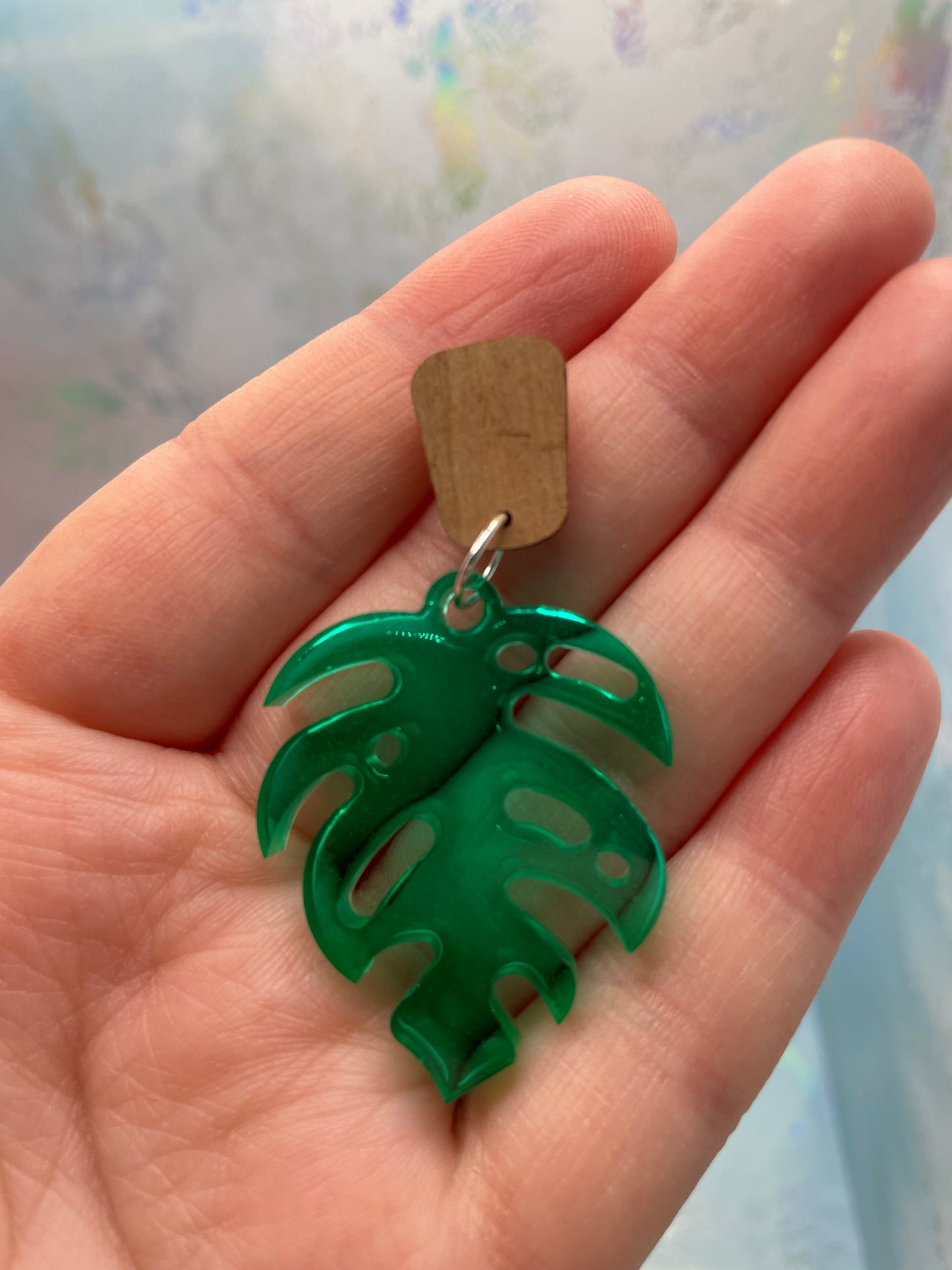 Green Monstera With Wood Stud- STAINLESS STEEL