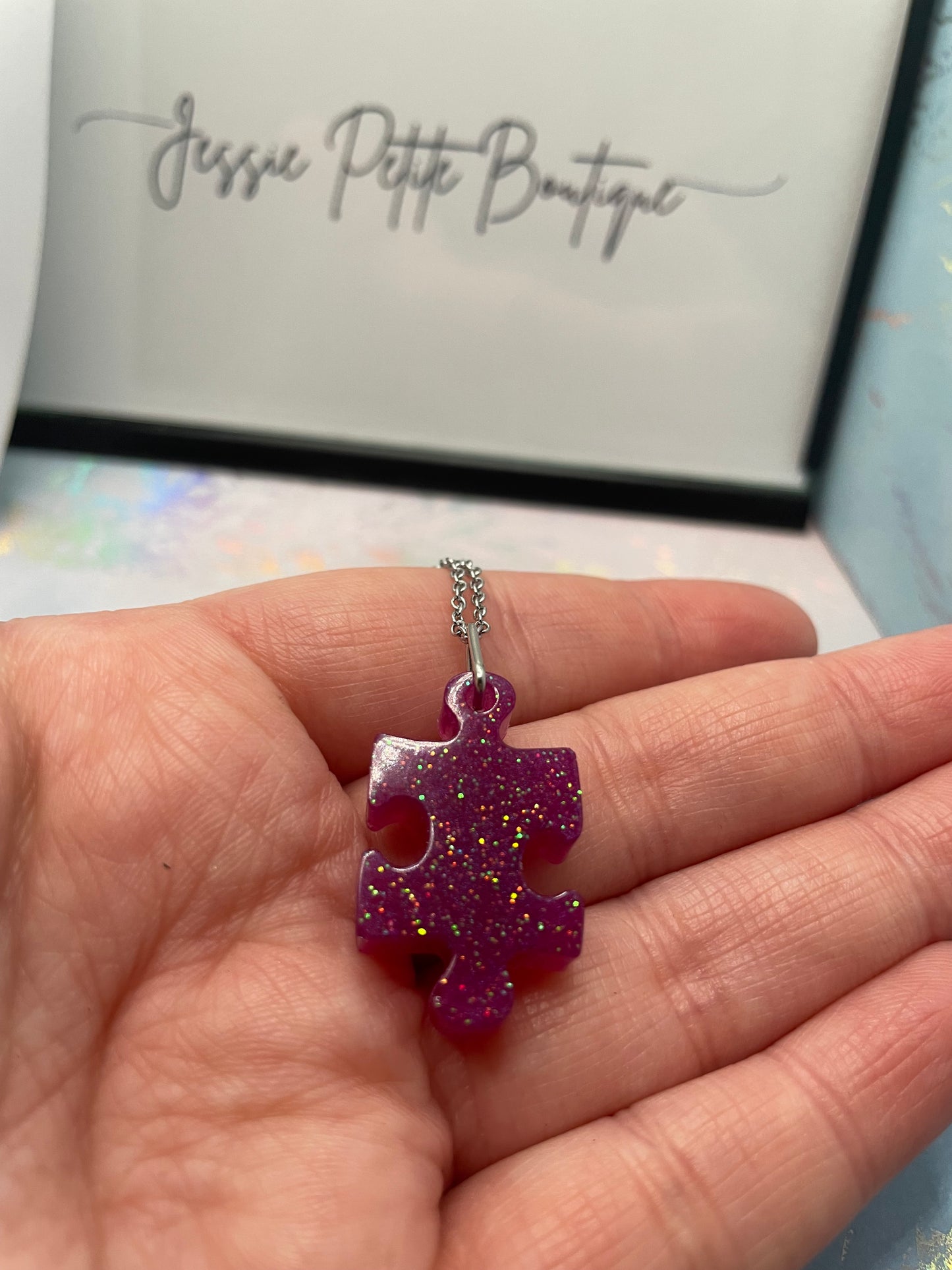 Collier Morceau de Casse Tête Mauve Brillant 20'' Acier Inoxydable+Sans Nickel