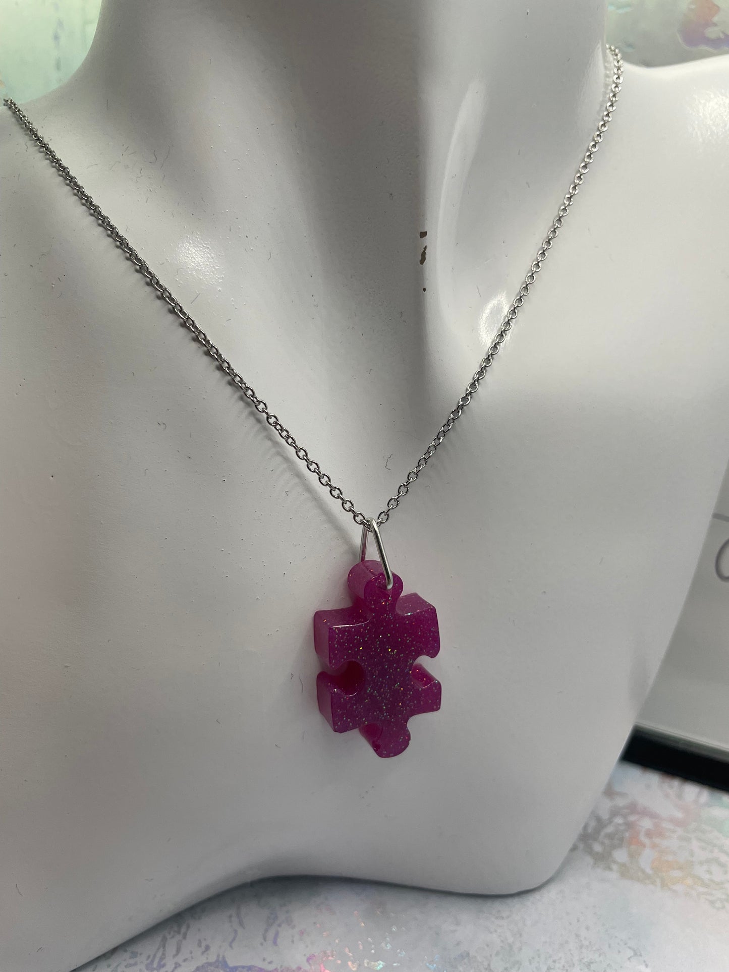 Collier Morceau de Casse Tête Mauve Brillant 20'' Acier Inoxydable+Sans Nickel