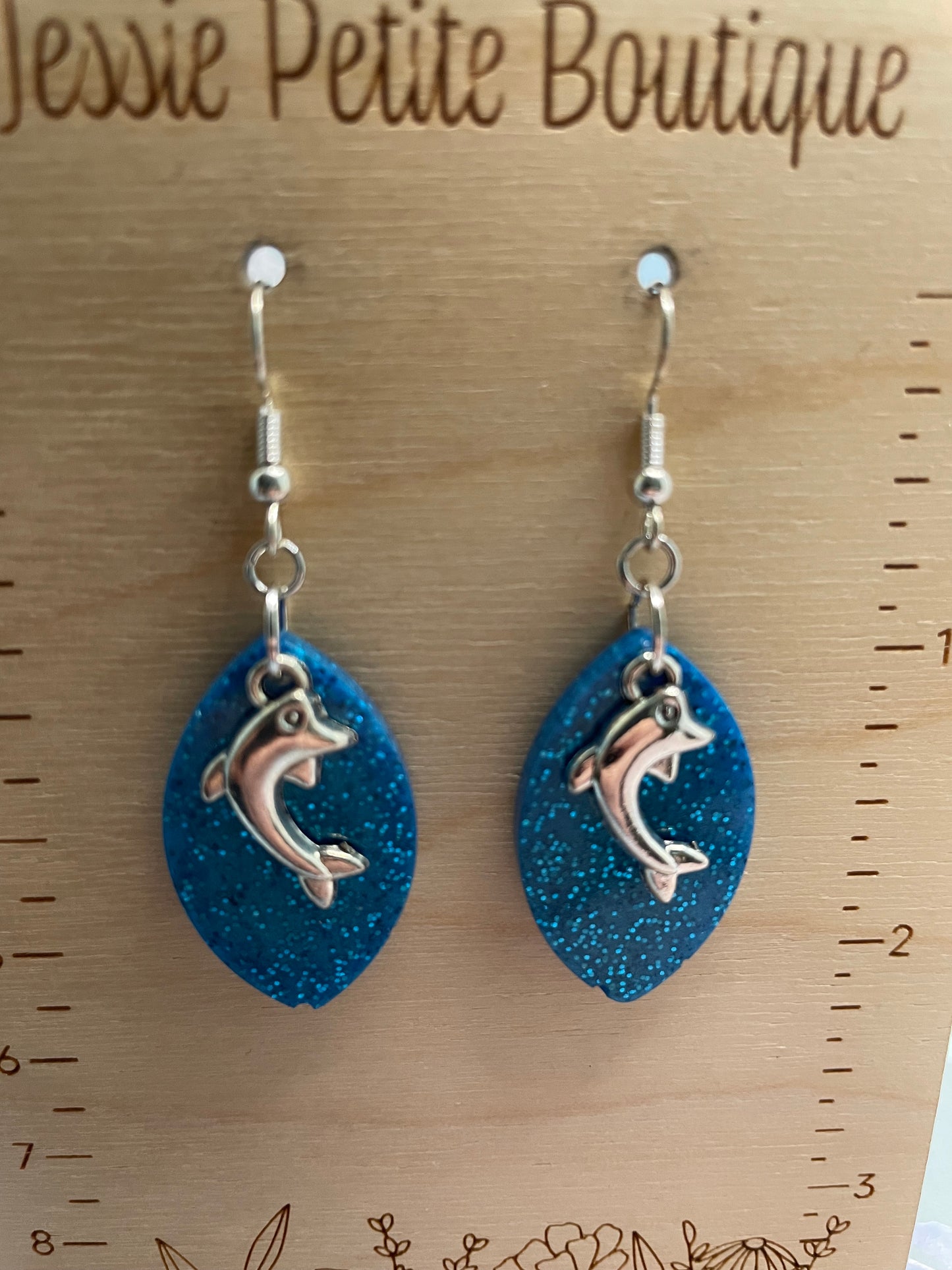 Sparkly Blue Oval Earrings with Dolphin Charm- NICKEL FREE