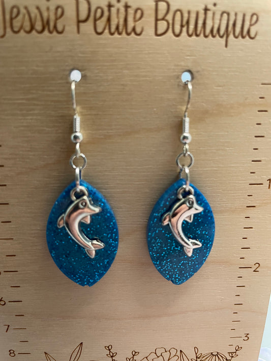 Sparkly Blue Oval Earrings with Dolphin Charm- NICKEL FREE