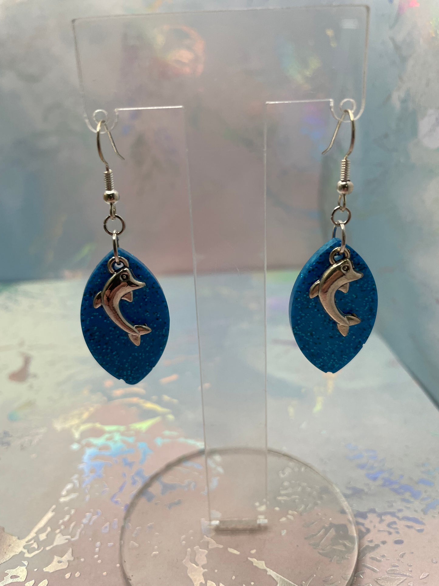 Sparkly Blue Oval Earrings with Dolphin Charm- NICKEL FREE