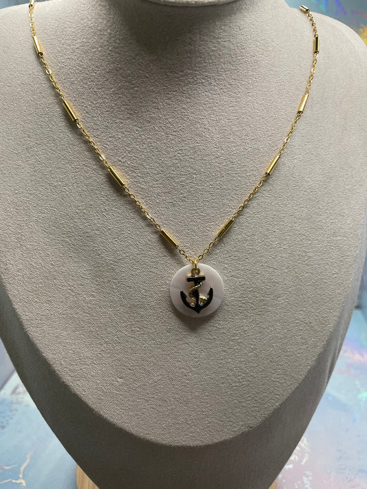 Collier Ancre Or+Noir sur Coquillage Rond-20'' Acier Inoxydable