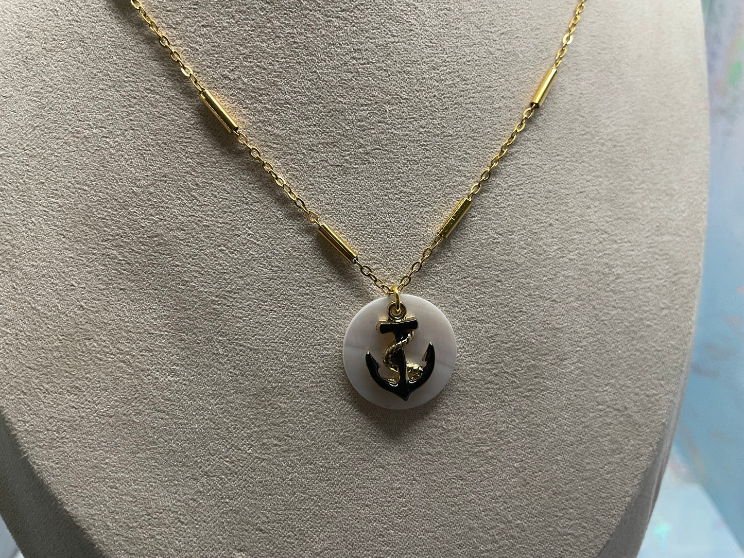 Collier Ancre Or+Noir sur Coquillage Rond-20'' Acier Inoxydable