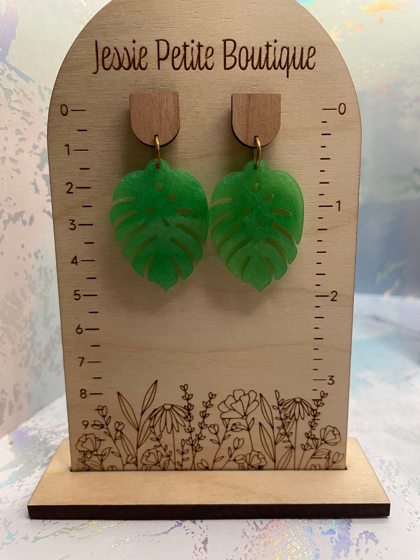 Boucles d'oreilles Monstera vertes+bouton en bois - Acier inoxydable
