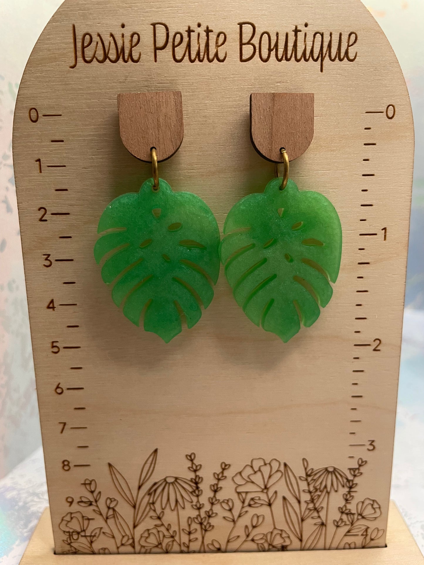 Boucles d'oreilles Monstera vertes+bouton en bois - Acier inoxydable