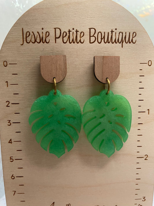 Green Monstera Earrings With Wood Stud - Stainless Steel