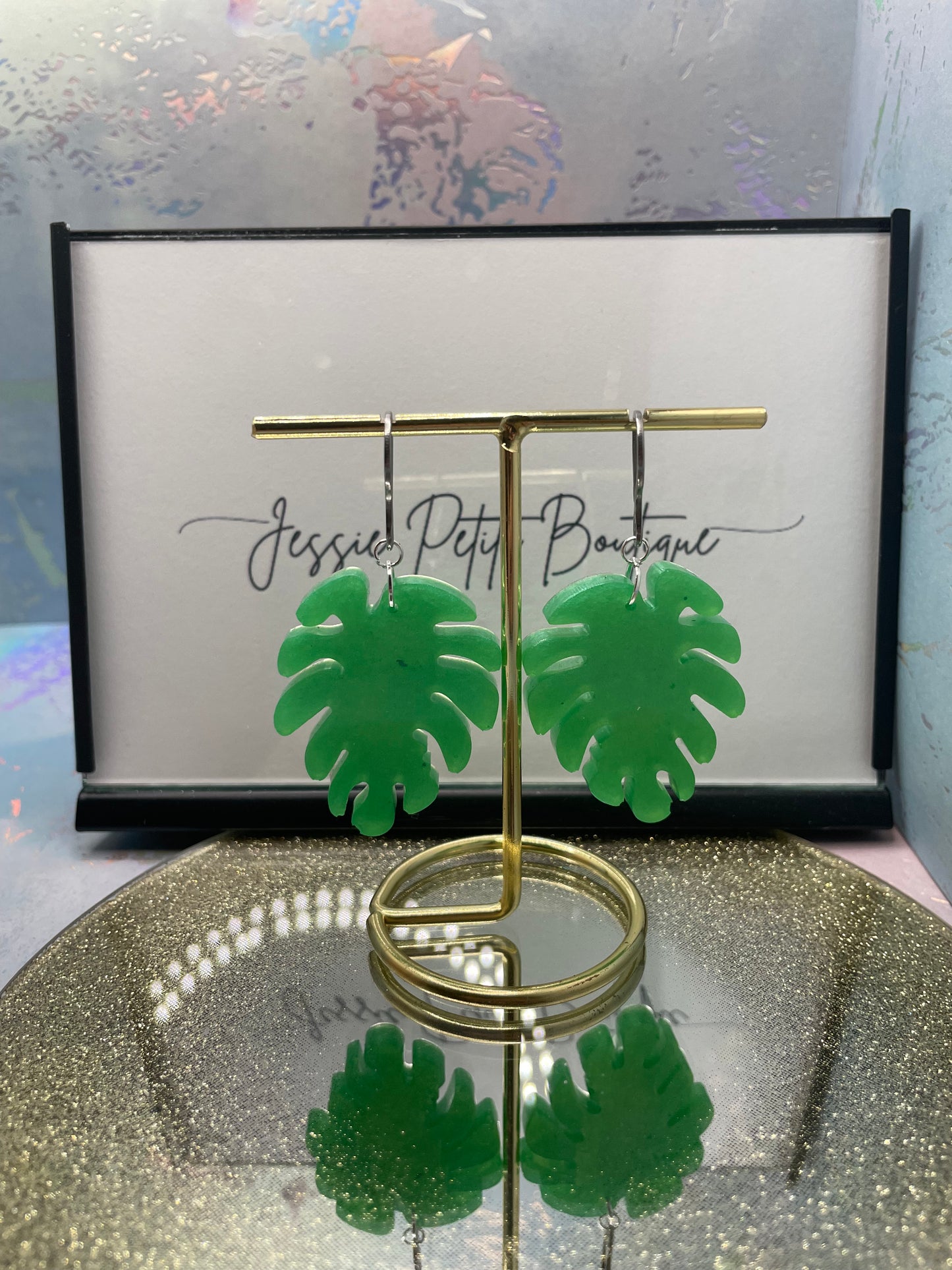 Green Monstera Earrings - Stainless Steel