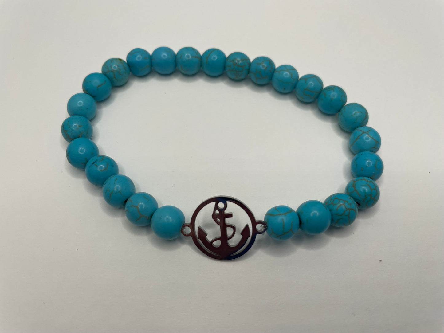 Bracelet en Billes Turquoise avec Ancre – Acier Inoxydable