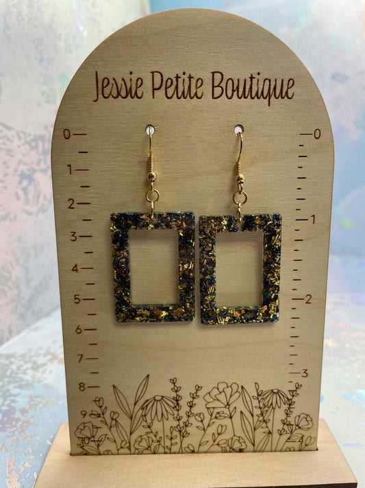 Boucles d'oreilles rectangle en résine Or et bleu