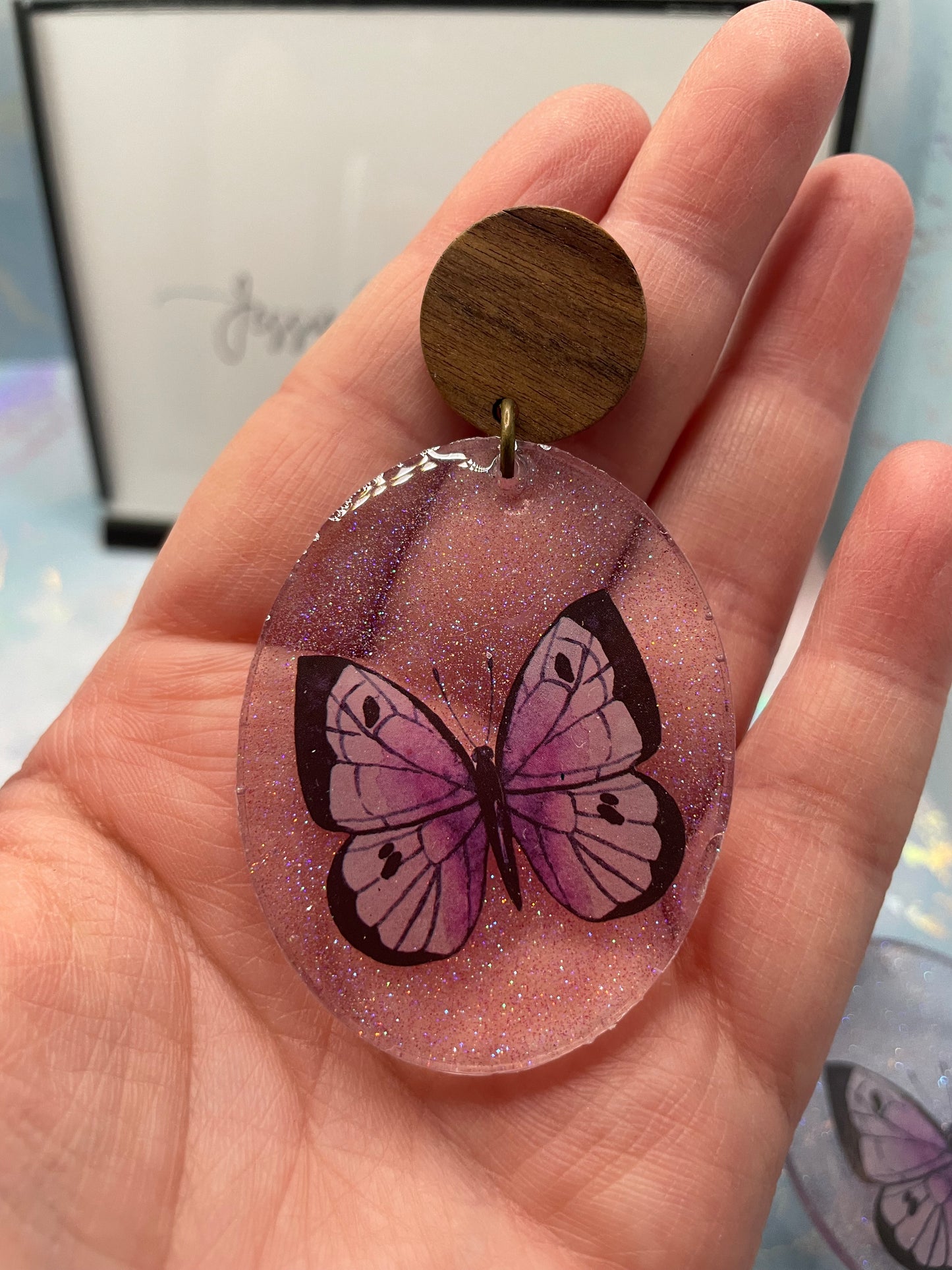 Boucles d'oreilles papillon mauve brillant+bouton en bois - Acier inoxydable