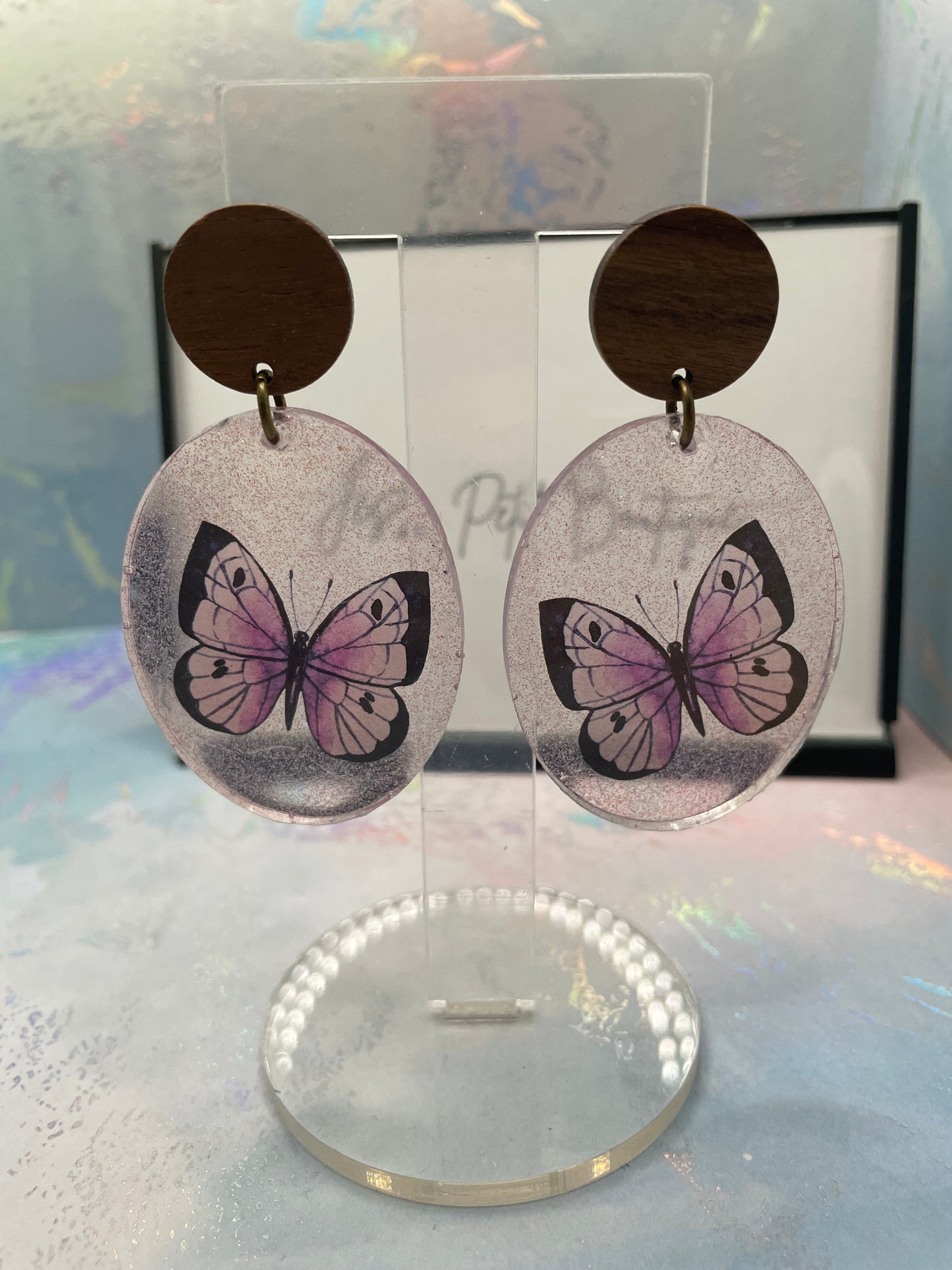 Boucles d'oreilles papillon mauve brillant+bouton en bois - Acier inoxydable