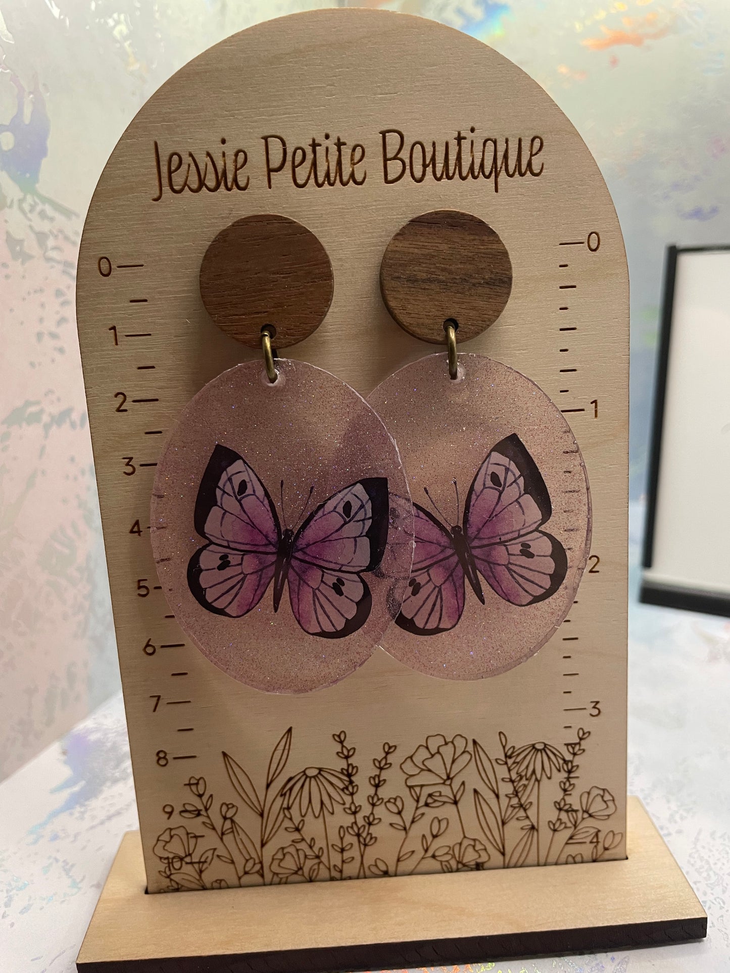 Boucles d'oreilles papillon mauve brillant+bouton en bois - Acier inoxydable