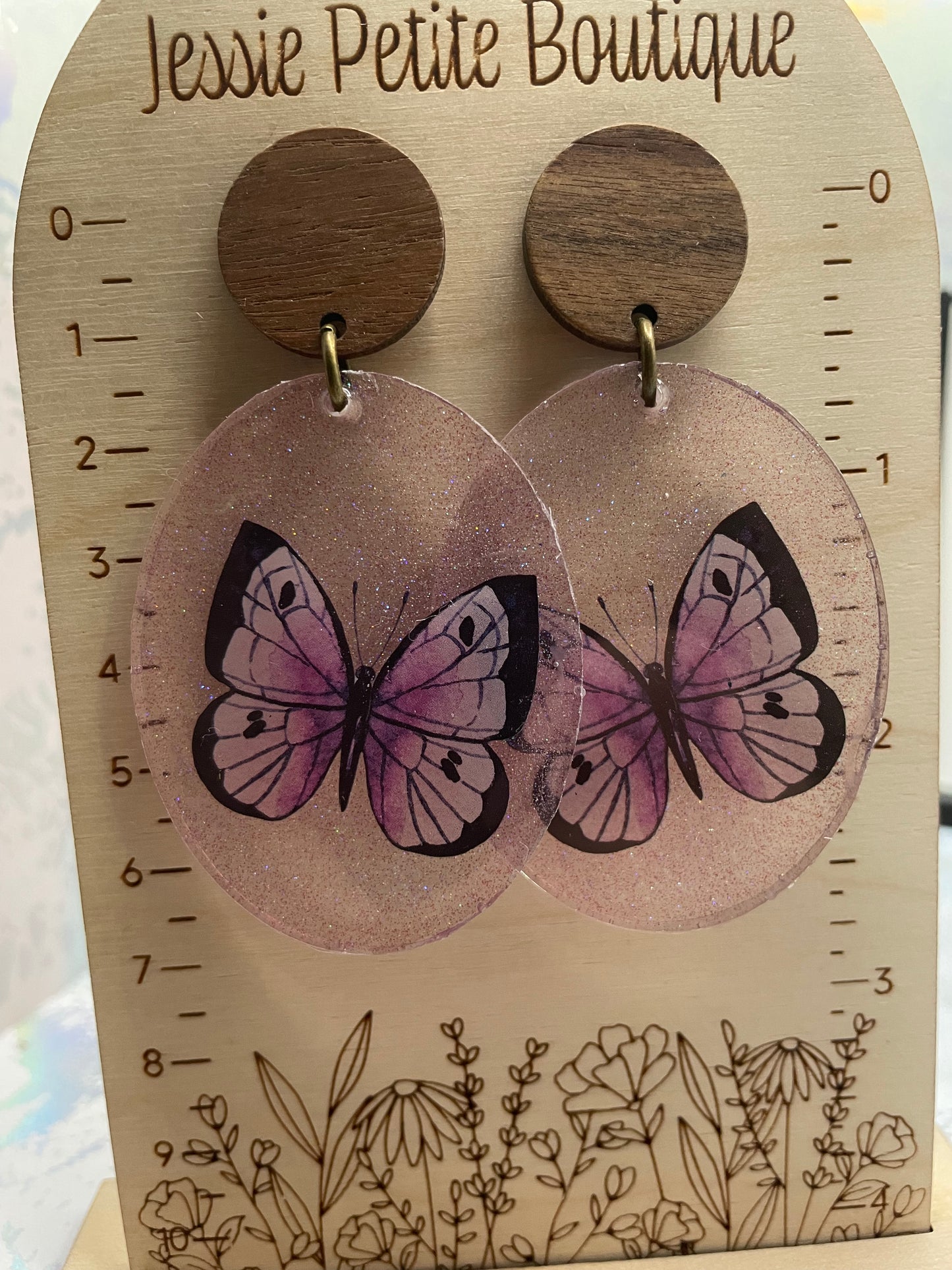 Boucles d'oreilles papillon mauve brillant+bouton en bois - Acier inoxydable