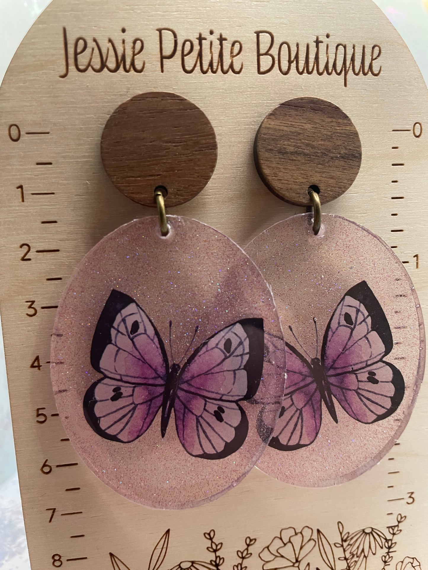 Boucles d'oreilles papillon mauve brillant+bouton en bois - Acier inoxydable
