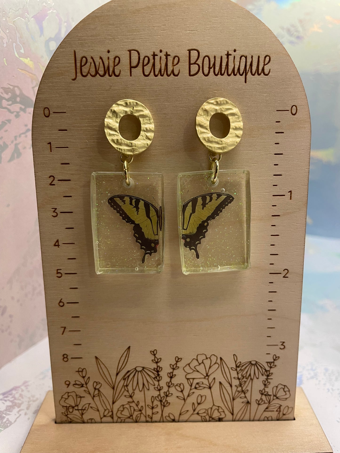Boucles d'oreilles rectangle papillon jaunes et noires scintillantes