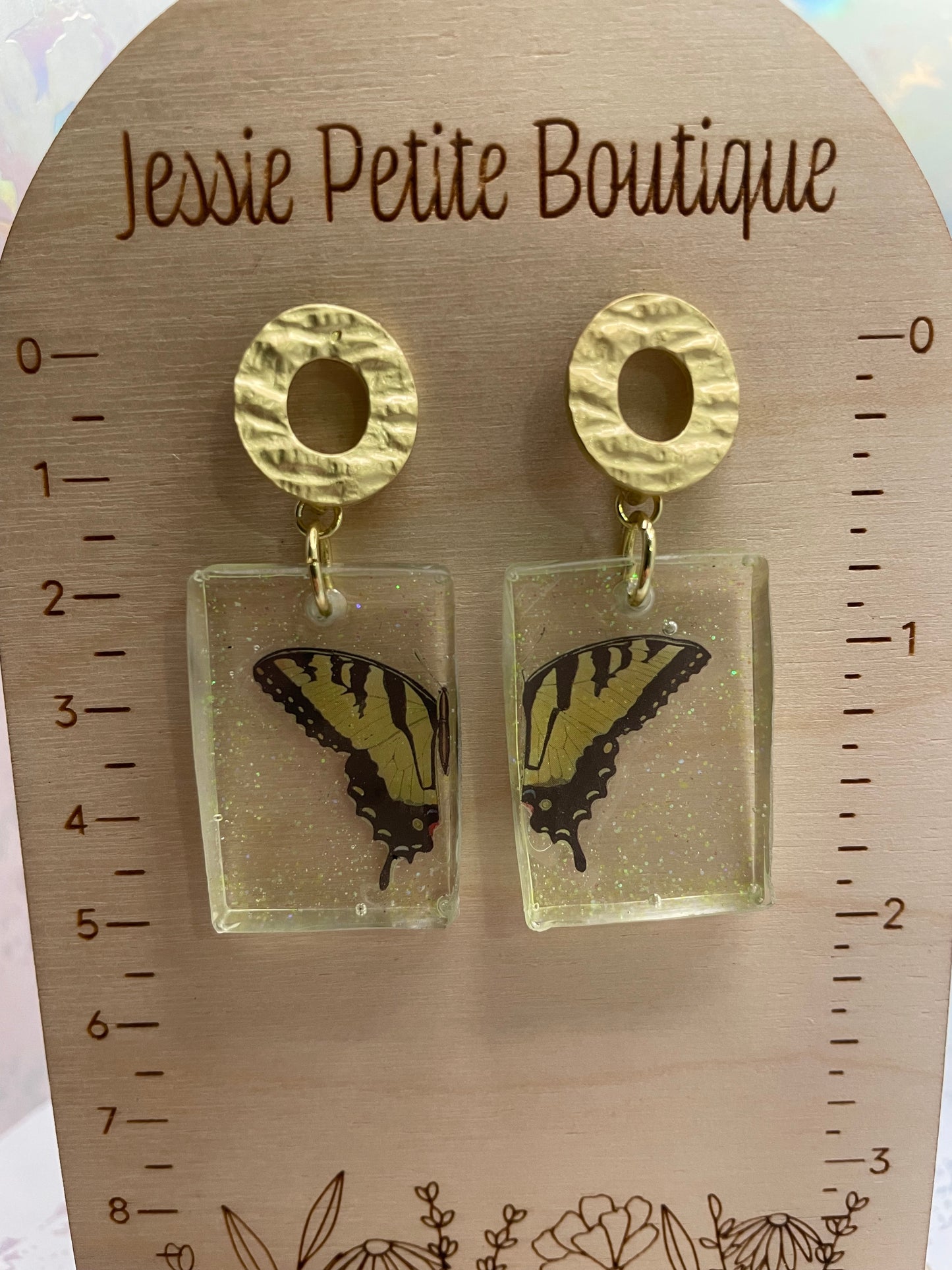 Boucles d'oreilles rectangle papillon jaunes et noires scintillantes