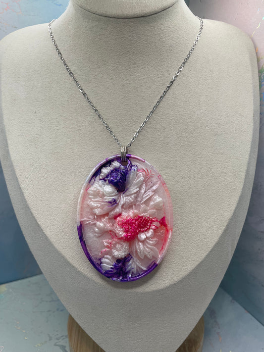 Collier médaillon floral ovale en résine-Sans Nickel+Acier Inoxydable