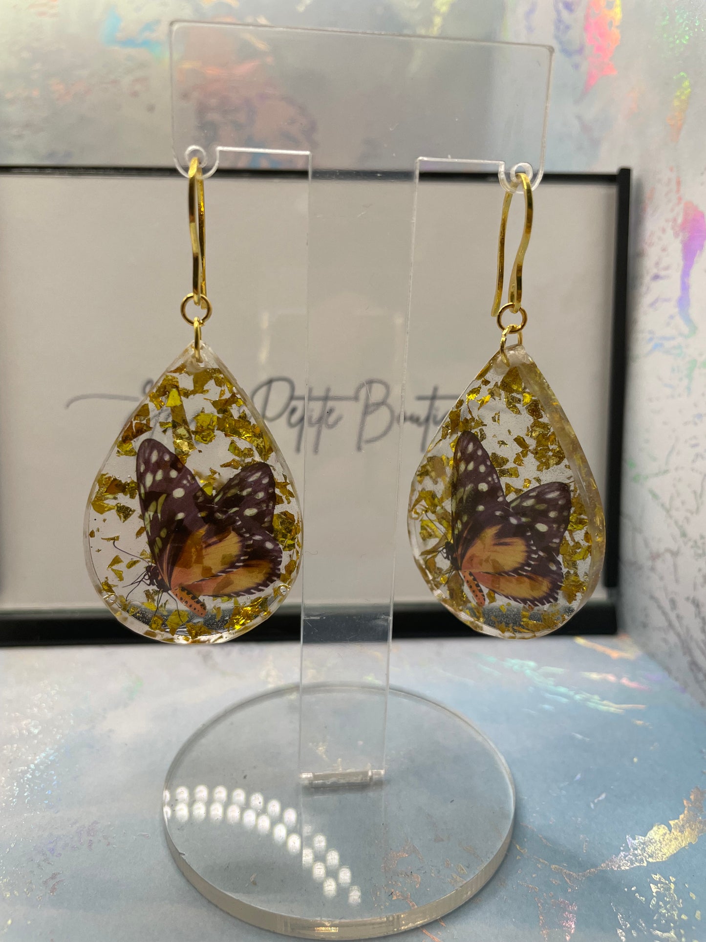 Boucles d'oreilles papillon jaune dans goutte- Acier Inoxydable