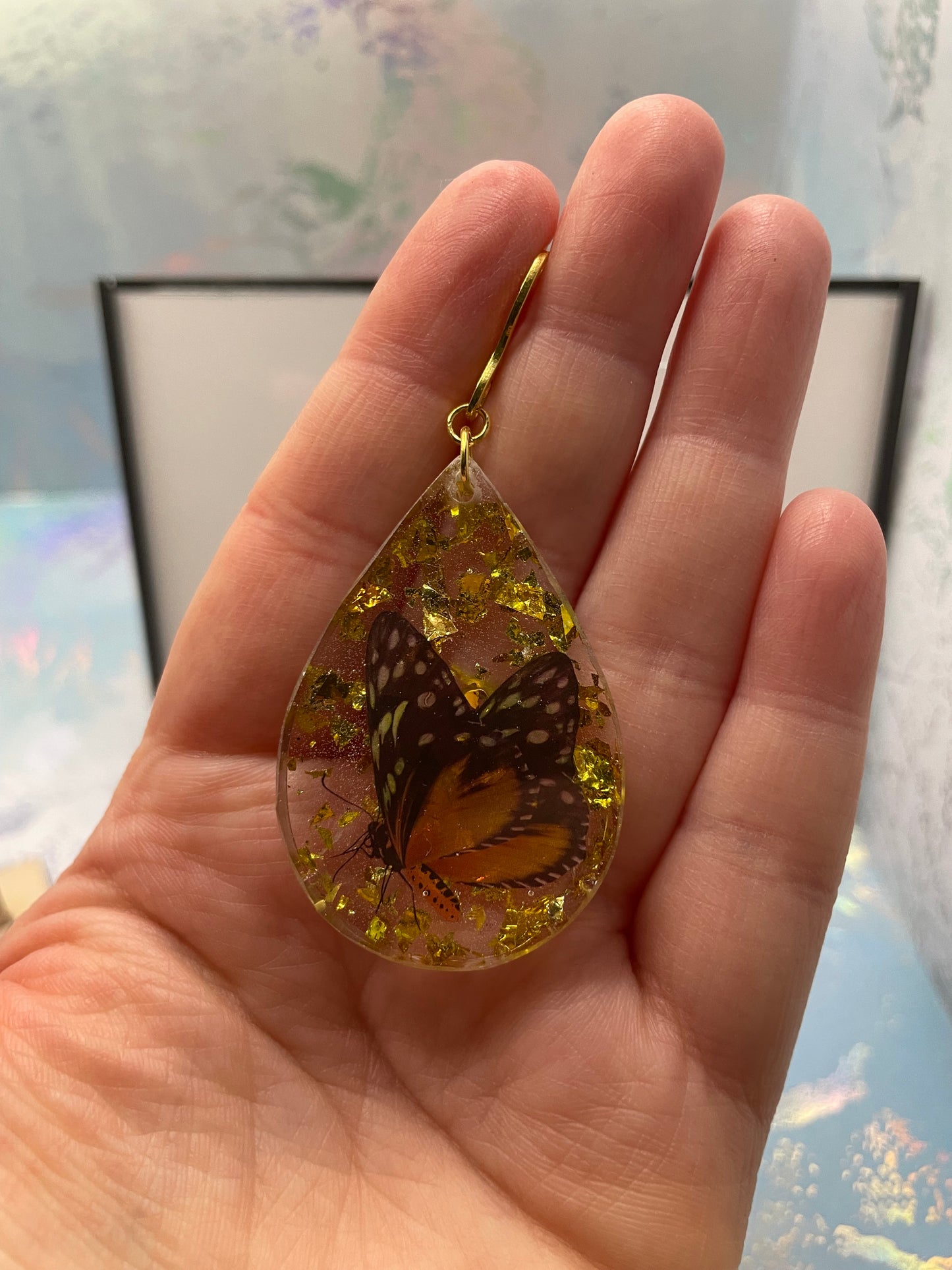 Boucles d'oreilles papillon jaune dans goutte- Acier Inoxydable