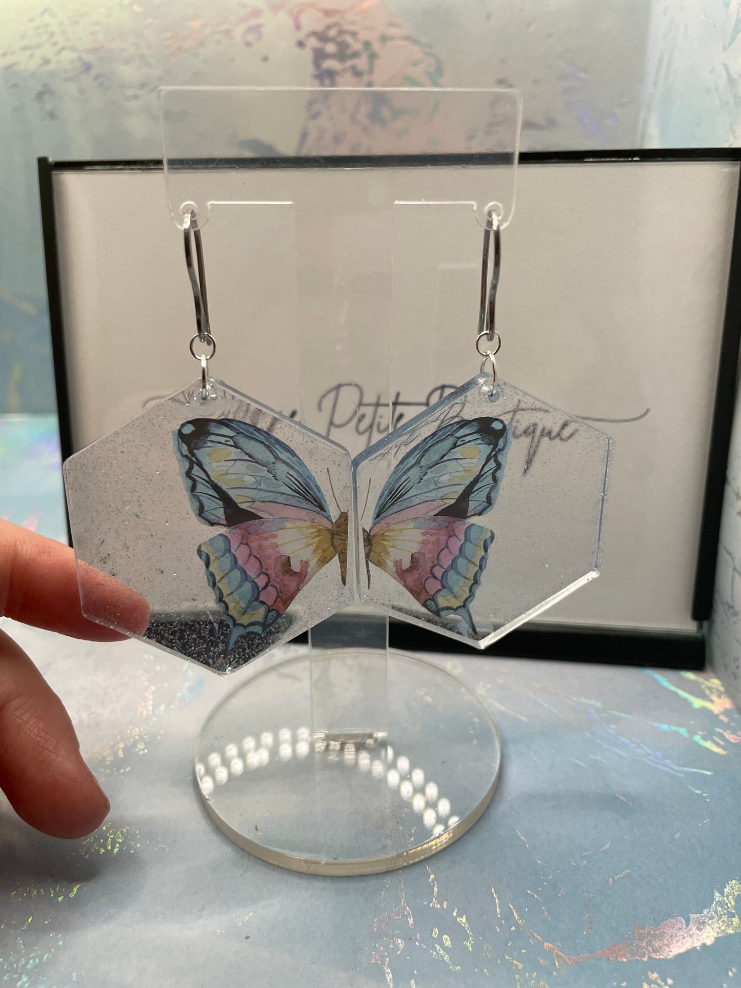 Boucles d'oreilles papillon volant hexagone - Acier inoxydable