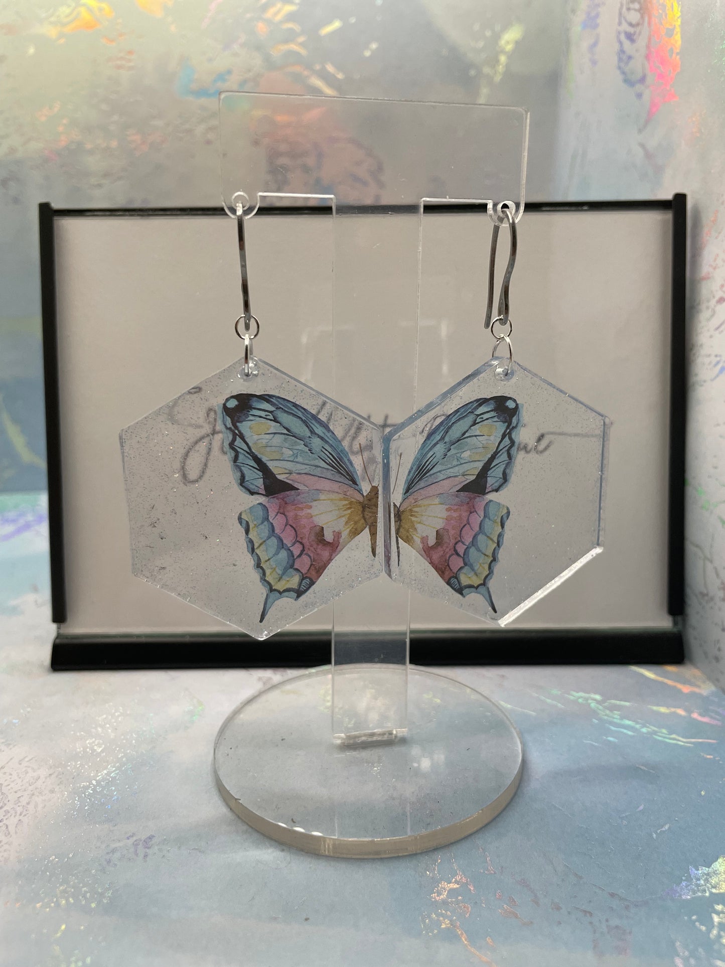 Boucles d'oreilles papillon volant hexagone - Acier inoxydable